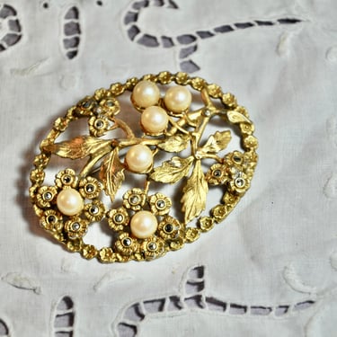Antiqued Gold Large Oval Brooch Pin with Glass Pearls Flowers and Sparking Marcasite Victorian Revival Gift for Her Exceptional Heirloom 