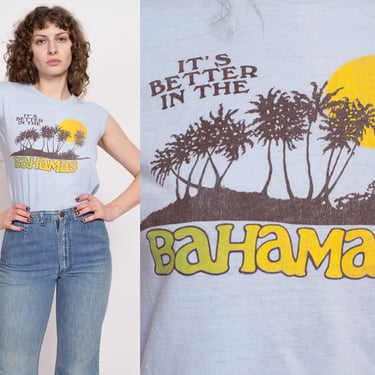 70s It's Better In The Bahamas Muscle Tank - Small | Vintage Baby Blue Graphic Tourist Shirt 