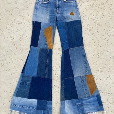 Levis Patchwork Big E Denim Blue Jeans, Vintage 60s Single Stitch Bell Bottoms, 70s Redline Suede Hippie Pants 