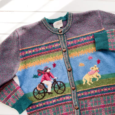 cottagecore sweater 90s vintage Susan Bristol girl bicycle dog hand knit wool cardigan 