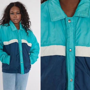 80s Blue Striped Snap Up Jacket - Small