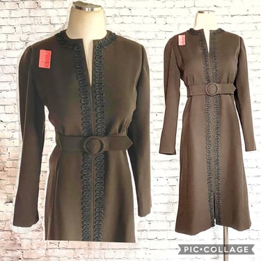 Brown Wool Sheath Dress • 1960s • Long Sleeve • Business Chic • MEDIUM • Black Rickrack • Belted Shift • Fall / Winter • Work to Cocktails 