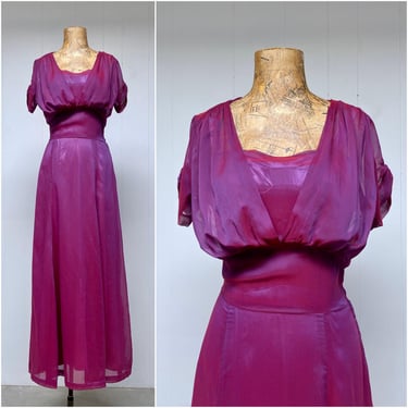 Vintage 1940s Iridescent Red-Violet Chiffon Evening Gown & Lilac Satin Slip, Bias Cut Empire Waist, Custom Made, Small 34