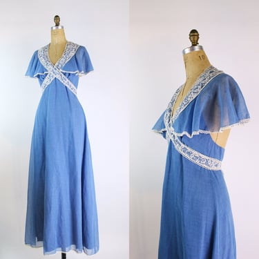 70s Cape Blue Summer Dress / 70s Maxi Dress / Open Back Dress / Lace / Bohemian Dress/ Size S/M 