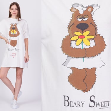 90s "Beary Sweet" Pajama Mini Dress - One Size | Vintage Teddy Bear Cartoon Sleep Shirt 