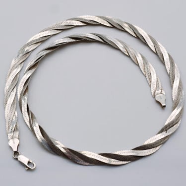 90's Milor 925 silver twisted herringbone chain, Italy satin & polished sterling flat woven necklace 