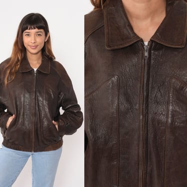 Brown Leather Pilot Jacket 80s 90s Bomber Jacket Flight Biker Moto Coat Motorcycle Jacket Zip Up 1980s Vintage Men's Medium 