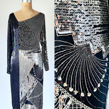 Diana 80s silk sequin dress, silver party dress, flapper dress, gatsby dress, 1980s vintage, disco dress 