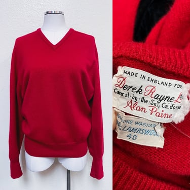 1950s Red Lambswool Pullover V Neck Sweater Made in England for Derek Rayne LTD Carmel by the Sea California Alan Paine LRG | Vintage, Retro 
