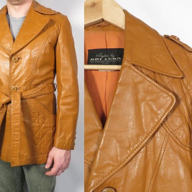 Vintage 70s Leather Cognac Unisex Wide Lapel Jacket Size XS/S 