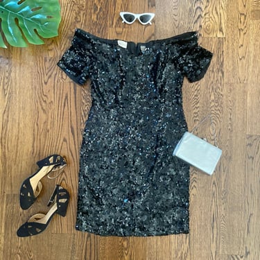 80s Neiman Marcus Black Sequined Mini Dress / Party Dress / Holiday Dress 