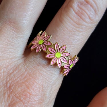 Sweet Adjustable Vintage Pink Yellow Flower Band Ring 