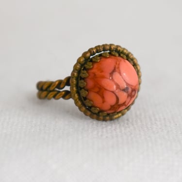 1950s West German Faux Coral and Brass Ring, Size 7 3/4 