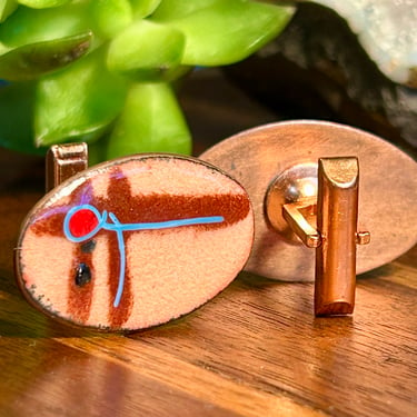 Vintage Copper Enamel Cufflinks Cuff Links Retro Aqua Spatter Mid Century Modern Jewelry 