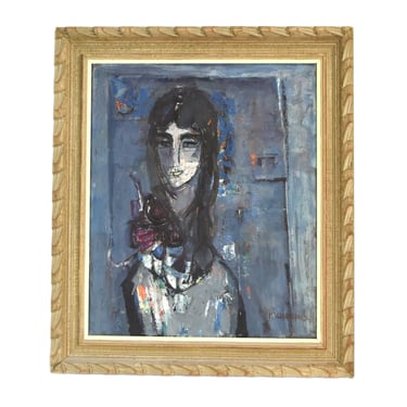 Zvi Mairovich Israeli Midcentury Modern Abstract Oil Painting Portrait of Woman 