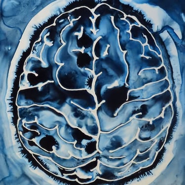 Big Indigo Brain -  original ink painting on yupo - neuroscience art 