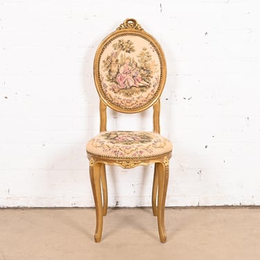 Antique Italian Louis XV Giltwood Petite Desk Chair or Side Chair With Needlepoint Upholstery, Circa 1920s