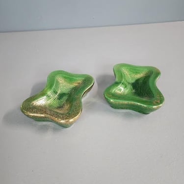 Set of 2 Retro Green and Gold Ceramic Trays 