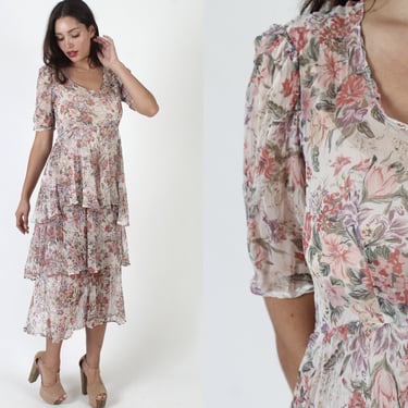 Romantic Dusty Rose Printed Floral Midi Dress, Sexy Sheer Chiffon Party Outfit, Vintage Loose Draped Lightweight Material 