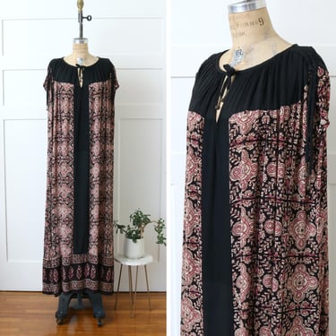 vintage 1970s kaftan dress • India Imports bohemian block print draped sack dress 