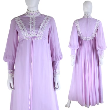 1970s Renaissance Revival Pastel Lavender Purple Chiffon Maxi Dress with White Lace Dress - Coquette Dress - 70s Lavender Dress | Size XS 