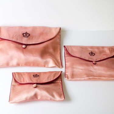 1940s Prince Matchabelli Pink Satin Envelope Pouch - Set of Three Vintage Lingerie Storage Bags 
