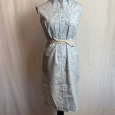 60’s deadstock dress~ baby blue micro floral flower power preppy sleeveless button down shirt dresses~ calico size Small 