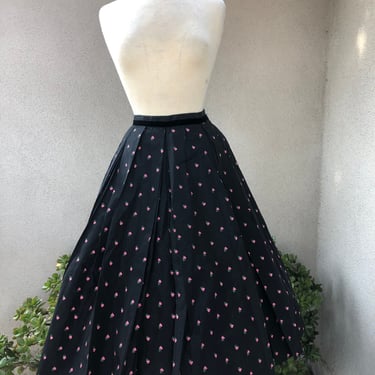 Vintage mid century taffeta black full skirt pink green flowers velvet accent in waist size small by Alex Colman California 