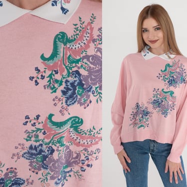 Pink Floral Sweatshirt 80s Collared Sweatshirt Retro Grandma Sweater Flower Print Shirt Cute Kawaii Pastel Baby Pink Vintage 1980s Small S 
