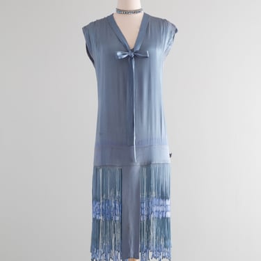 Rare 1920's Icicle Fringe Flapper Dress in French Blue Silk / M