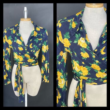 Vintage 1960s 1970s 70s Womenswear Wrap Top Notch Collar Crop Shirt Blouse Long Sleeve Floral Navy Blue Yellow Green 