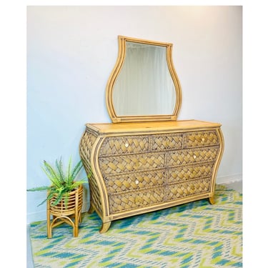 Boho Bamboo and Wicker Nine Drawer Lowboy Dresser, Vintage Bohemian Woven Rattan Dresser, Boho Bedroom, Wicker Furniture 