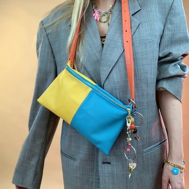 Colorblock bag, bright blue leather bag, leather belt bag, mini shoulder bag, yellow leather bag, orange leather bag, half and half bag 