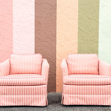 Pair of Pink Striped Upholstered Chairs on Castors