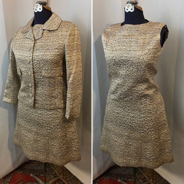 Jackie O Dress Jacket Suit Set 1960s Vintage Metallic Gold Silver A Line M 