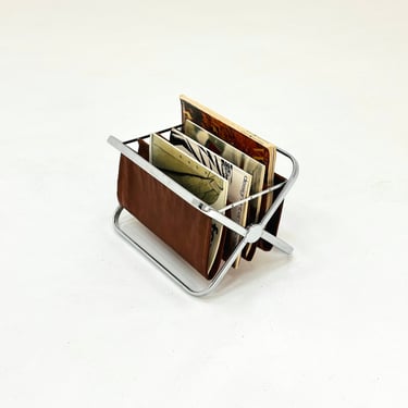 Mid century Italian chrome and cognac Leatherette Magazine Holder from Castelli, 1960s 