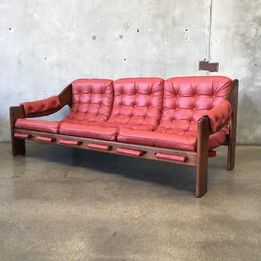 Mid Century Solid Walnut Italian Leather Three Seat Sling Sofa