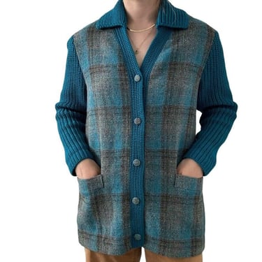 Vintage Womens Blue Gray 100% Wool Tweed Made in Ireland Irish Cardigan Jacket 