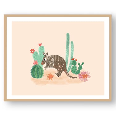 Armadillo With Cactus 8X10 Art Print/ Pastel Coral and Green Bohemian Home Decor/ Desert Animal Illustration/ Succulents Wall Decor 