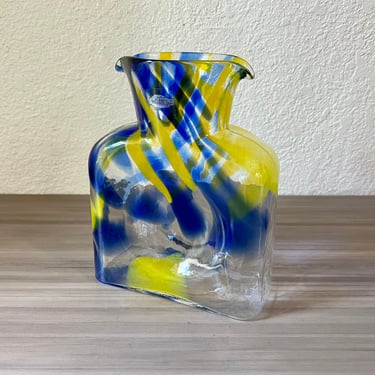 Blenko Special Edition Glass Water Bottle 384  Carafe, Blue and Yellow swirl Double Spout Water Bottle, Decanter / Vase 