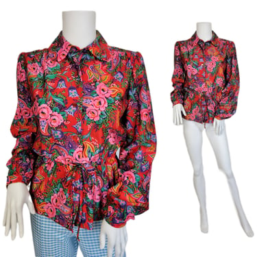 1970's Red Floral Print Button Down Poly Blouse I Shirt I Top I Sz Med I Ship n Shore 