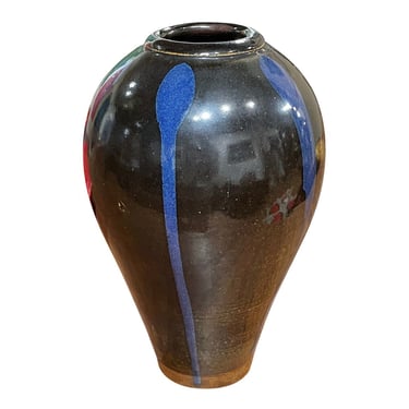 1960s Mid-Century Modern Signed Studio Ceramic Blue and Black Balloon Vase 