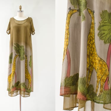 green giraffe dress | 80s 90s vintage dark olive green brown chiffon safari novelty print loose oversized long maxi dress 