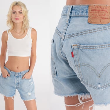 Levis Denim Cutoffs Y2k Distressed Levi Blue Cut Off Jean Shorts Mid Rise Ripped Cut Offs Blue Frayed Retro Shorts Vintage 00s Medium 