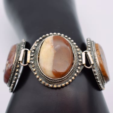Big 60's brecciated jasper silver metal boho bracelet, rustic Southwestern brown stone chain bracelet 