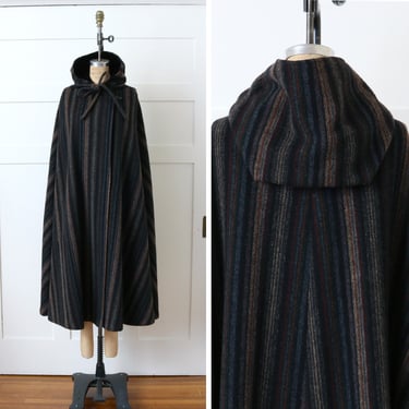 vintage 1970s 80s cape • heavy velvet hooded wool cape by LUBA • dark rainbow stripes 