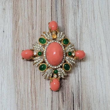 Vintage Faux Coral and Rhinestone Brooch - Pauline Rader Pin Signed 