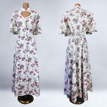 VINTAGE 80s Frederick's of Hollywood Keyhole Garden Party Corset Dress Size 16 | 1980s Floral Choker Neck Tea Dress Plus Size Volup | VFG 