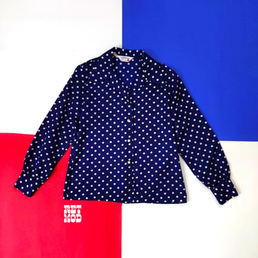Super Cute Vintage 70s Navy Blue & White Polka Dot Long Sleeve Button Down Collared Blouse 