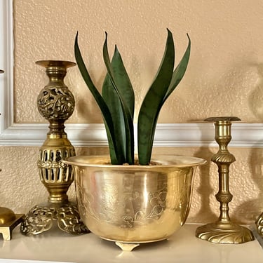 Vintage Brass Planter, Engraved Floral Design, Footed Urn, Mantel Decor, Entry Way, Book Shelf Home Decor 